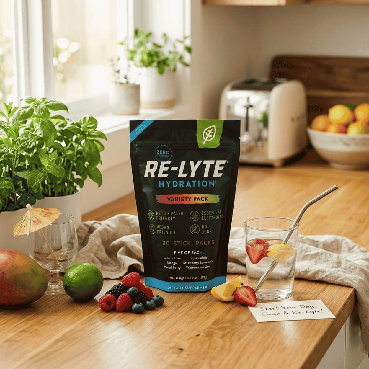 Na obrázku je černé balení elektrolytů Re-Lyte Hydration stojící na dřevěné kuchyňské lince zalité denním světlem, obklopené čerstvým ovocem (mango, limetka, lesní plody), mátou v květináči, lněnou utěrkou a osvěžujícím nápojem s ovocem a kovovým brčkem, vedle kterého leží motivační vzkaz.